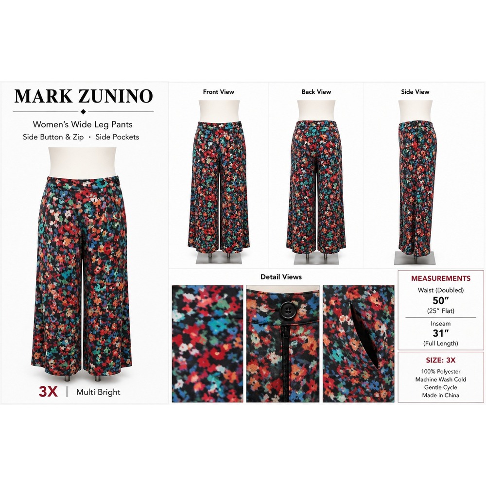 Mark Zunino Womens 3X Wide‎ Leg Pants Multi Floral Side Zip Pockets Trousers
